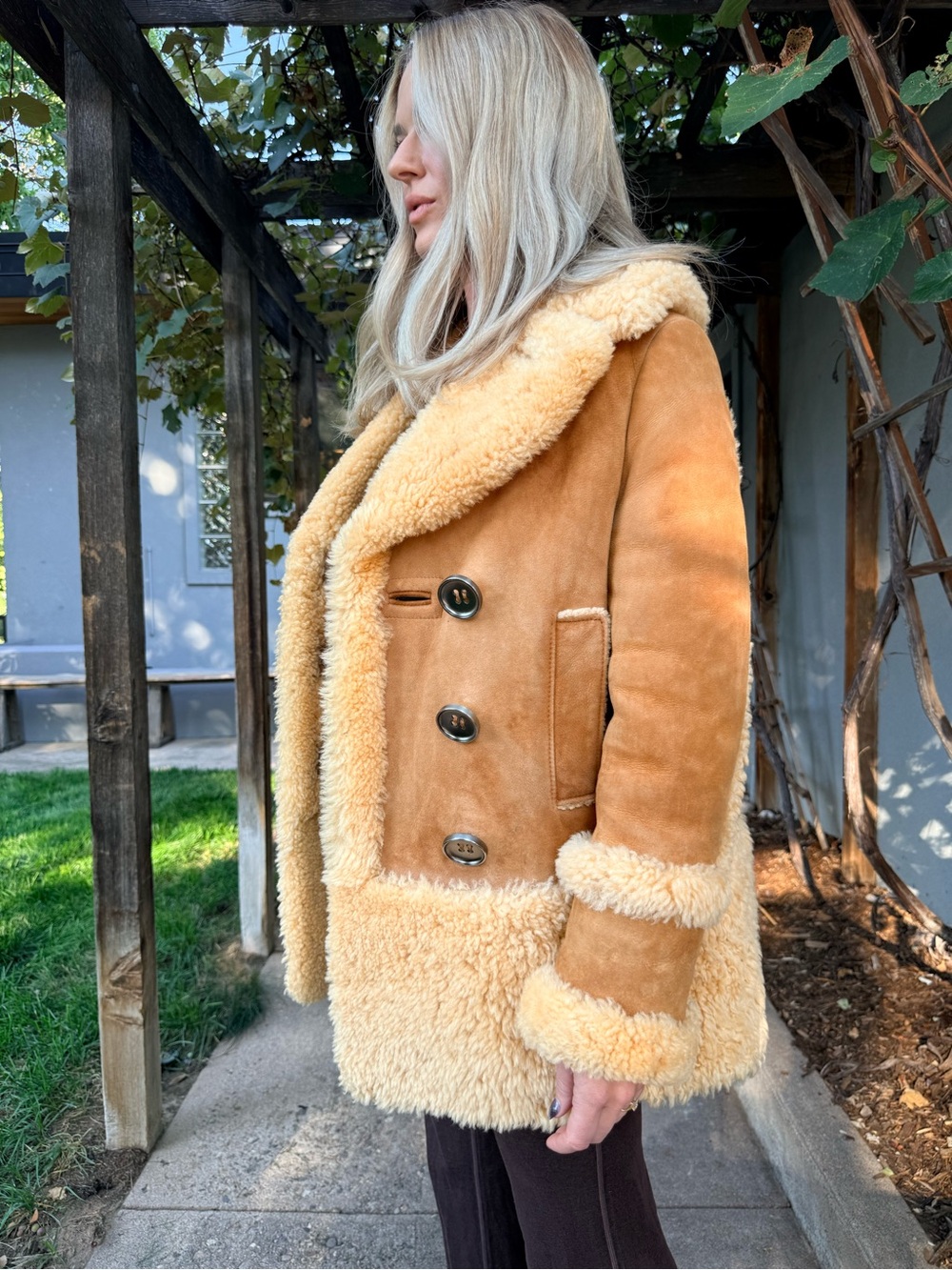 Coach Tan Suede Teddy Shearling Coat with Cream Trim
